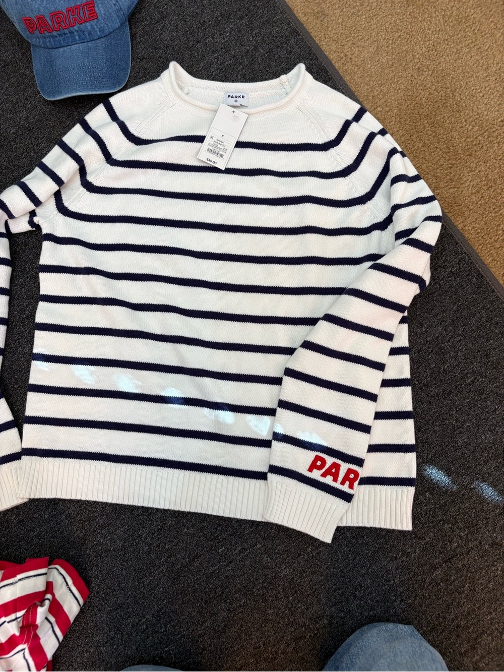 Parke x Target Stripped Crewneck Sweater in White & Navy by - Picture 3 of 3